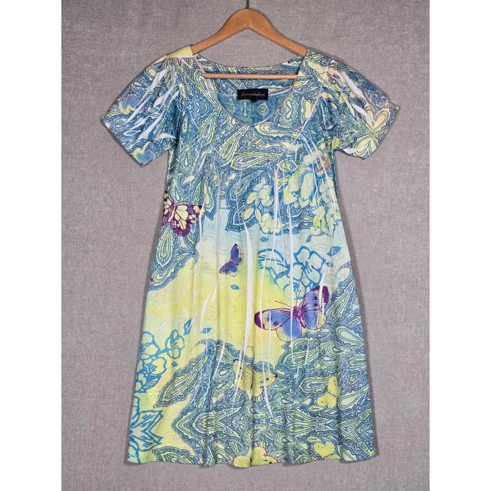 Temptation Women's Multicolor Butterfly Paisley Print Shift Dress Medium